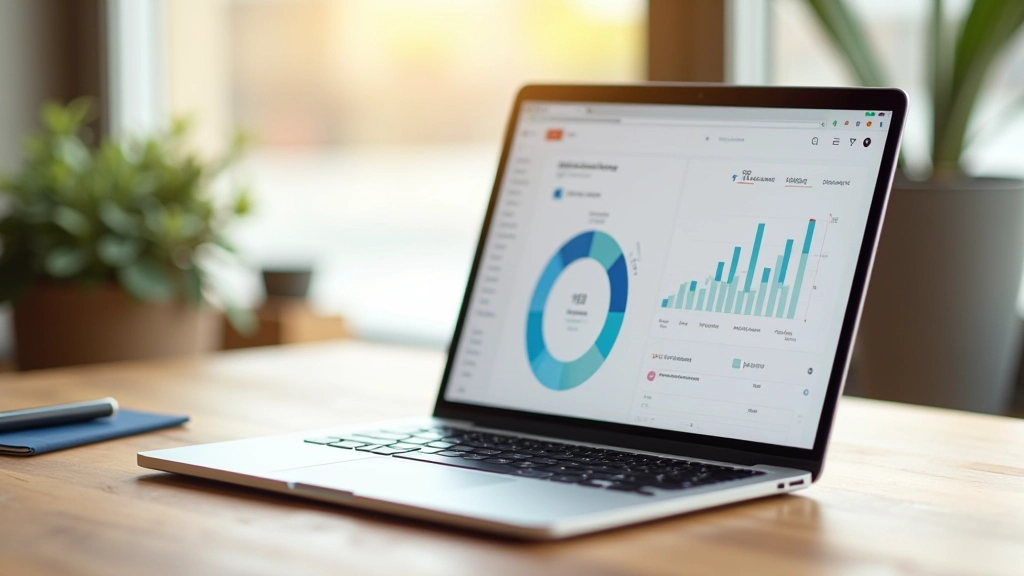 Tableau de bord d'investissement sur ordinateur portable montrant des graphiques de croissance et des statistiques de portefeuille