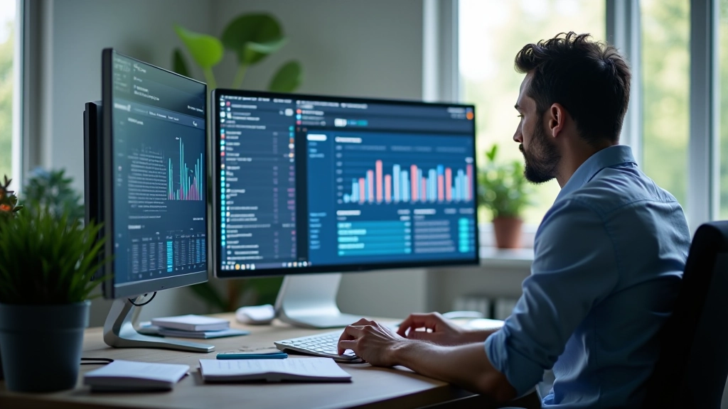 Espace de travail moderne avec outils de gestion financière et ordinateurs